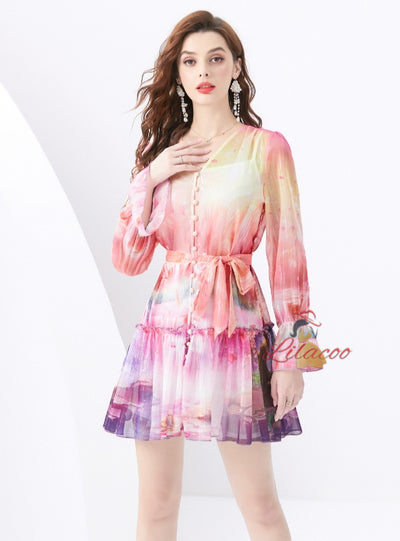 V-neck Lantern Sleeve Mini Print Dress