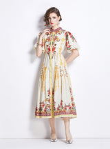 Retro Stand-up Collar Lantern Sleeve Printed Dress