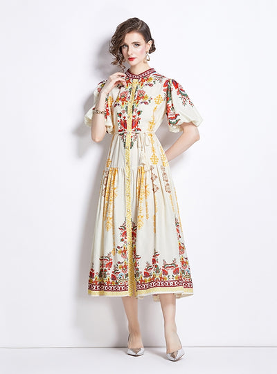 Retro Stand-up Collar Lantern Sleeve Printed Dress