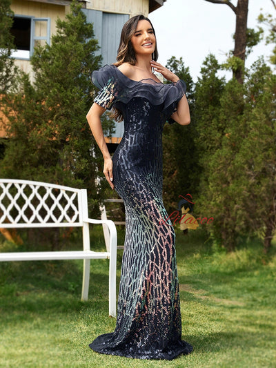 Navy Blue Mermaid Sequins Off the Shoulder Prom Dress