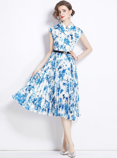 Polo Neck Sleeveless Porcelain Printed Dress