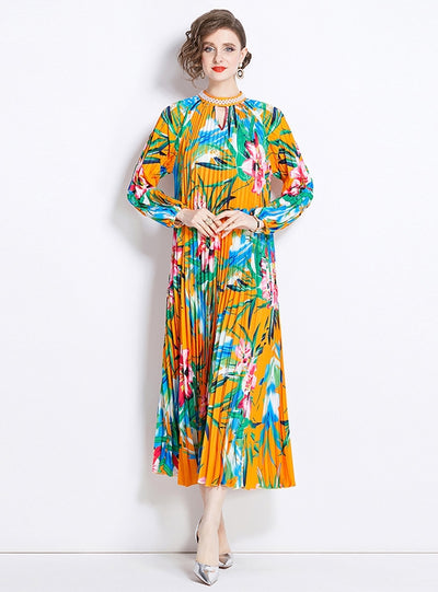 Beaded Printed Pleated Long Dress