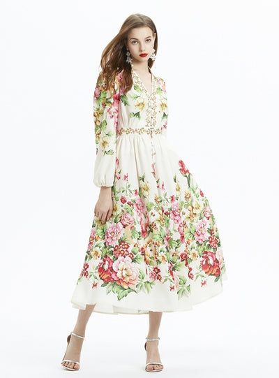 Lantern Sleeve Floral Print Long-sleeved Ruffled Dress