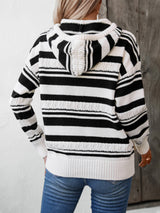 Striped Pullover Hooded Drawstring Knit Top Sweater