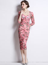 Bubble Sleeve Gauze Pleated Printed Dress