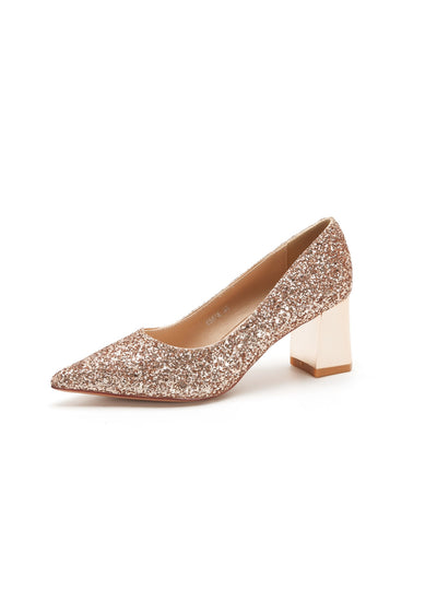 Rhinestone Sequined Thick-heeled Pointed High Heels