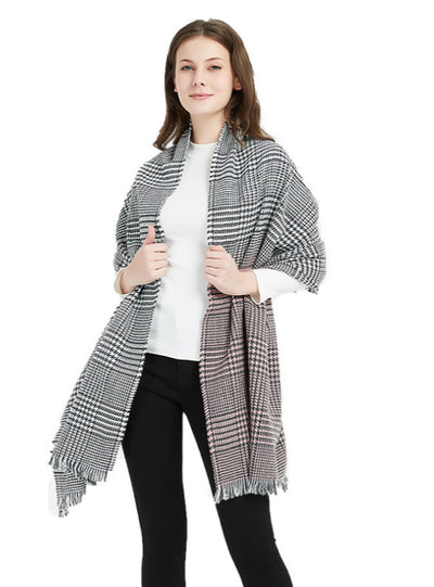 Gradient Houndstooth Scarf Fringed Shawl