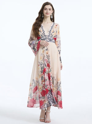 V-neck Flared Sleeve Printed Chiffon Dress