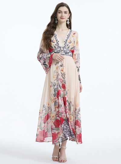 V-neck Flared Sleeve Printed Chiffon Dress