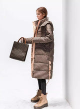 Hooded Plaid Over-the-knee Stitching Cotton-padded Jacket