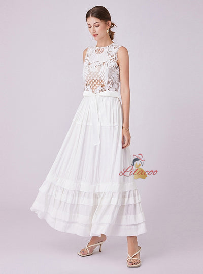 Summer Round Sleeveless Lace Stitching Dress