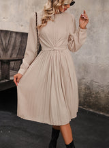 Solid Color Long Sleeve Pleated Dress