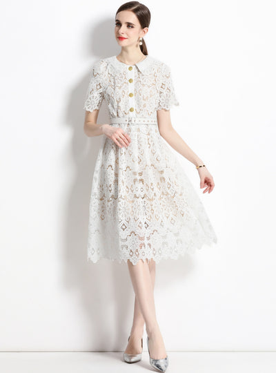 White Retro Lapel Lace Openwork Dress