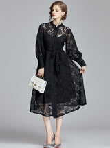 Retro Lantern Sleeve Lace Long Dress