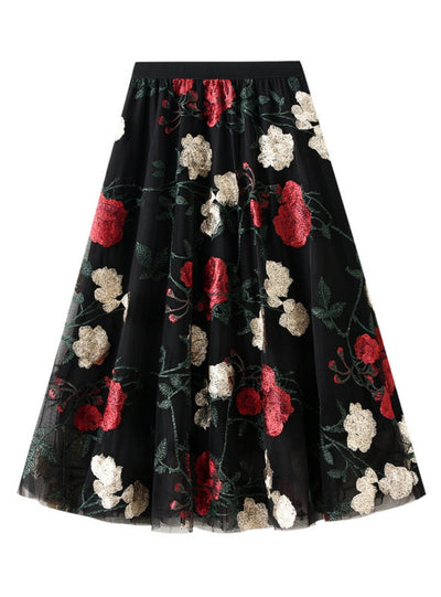 Retro High Waist Embroidered Large Flower Gauze Skirt