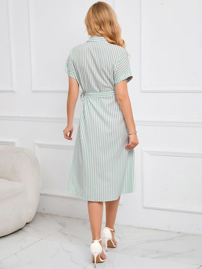 Lapel V-neck Striped Dress with Belt