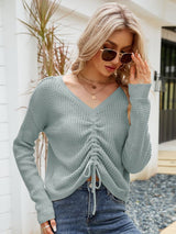 Irregular Drawstring V-neck Long Sleeve Sweater