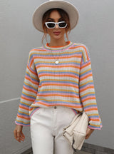 Spliced Loose Round Neck Striped Sweater