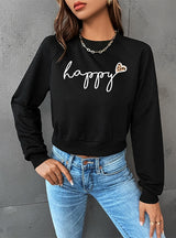 Exposed Navel Round Neck Letter Printed Top