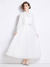 Bow Pleated Bubble Sleeve High Waist Dress