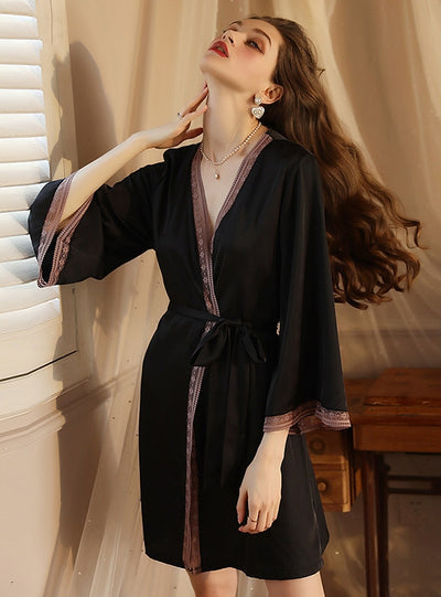 Ice Silk Long Sleeve Silk Lace Nightgown