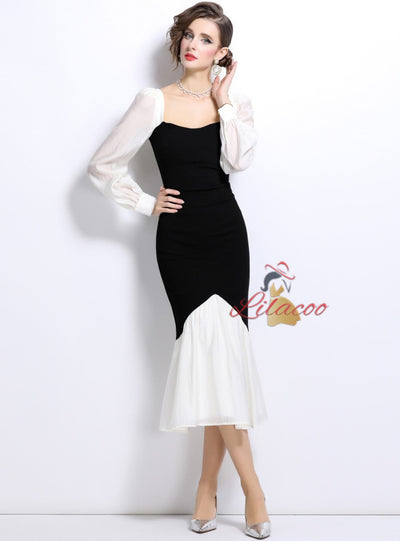 Square Neck Contrast Stitching Slim Dress