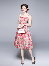 Slim-fit Mid-length Printed Suspenders Dress