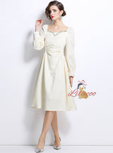 Nail Drill Beige Bubble Sleeve Silm Waist Dress