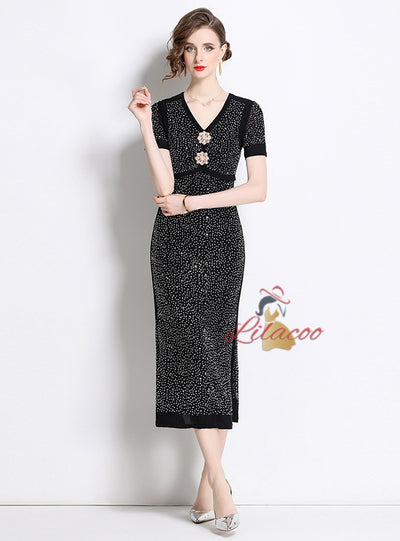 Sequin Short Sleeve V-neck Dress