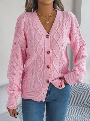 Casual V-neck Lantern Sleeve Button Sweater Coat