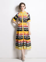 Round Neck Short Sleeve Single-breasted Printed Dress