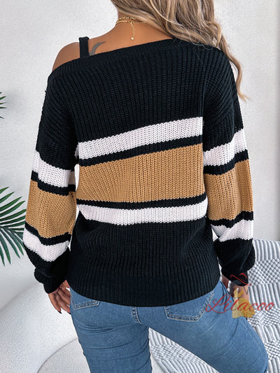 Casual Contrast Striped Metal Button Sweater