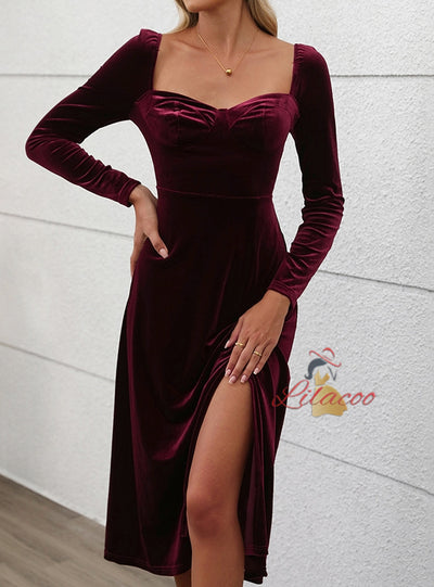 Party Velvet Slit Long Sleeve Dress