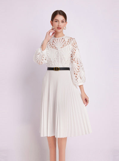 Lace Crocheted Openwork Pleated Dress with Belt