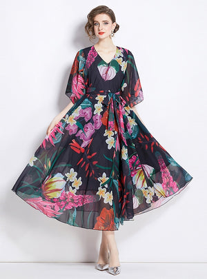 Retro Printed V-neck Five-point Sleeve Loose Dress