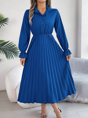 Casual Lapel Button Long Sleeve Pleated Dress