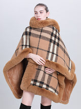 Wool Padded Plaid Hooded Knit Shawl