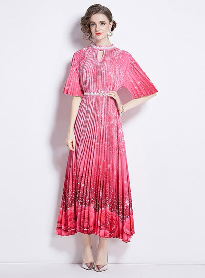 Retro Beaded Printed Pleated Dress