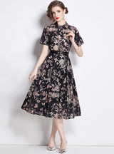 Lapel Short Sleeve Ink Print Big Swing Dress