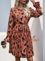 Long Sleeve Printed Pleats Dress