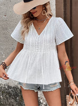 Laced Jacquard V-neck White Shirt