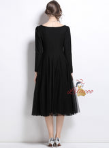 Square Neck Puff Sleeve Stitching Mesh Dress