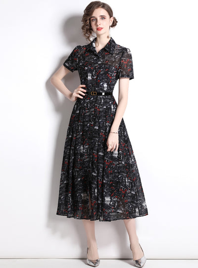 Shirt Collar Short Sleeve Slim Retro Print Dress