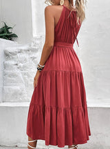 Solid Color Long Pleated Halter Dress