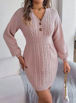 Button V-neck Twist Sweater Dress