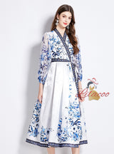 V-neck Ethnic Long-sleeved Printed Long Dress