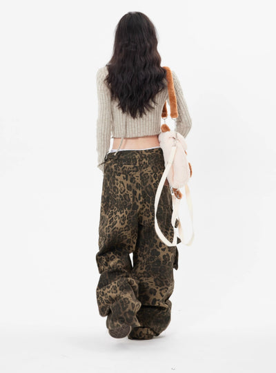 Leopard Print Pocket Straight Loose Jeans