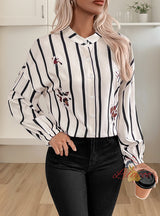 Vertical Collar Long Sleeve Striped Shirt Top