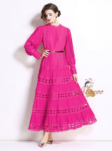 Round Neck Lantern Sleeve Long Lace Dress