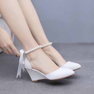 7 cm Pointed Wedge Beaded Ribbon Sandals